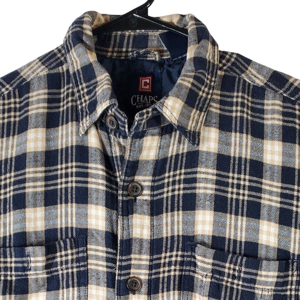 Chaps Mens‎ Plaid Flannel Lined Quilted Shirt Jacket Navy Beige Size M
